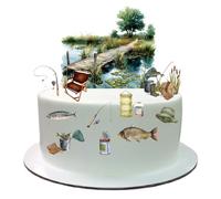 Watercolour Fishing Themed Edible Wafer Paper Cake Topper Scene