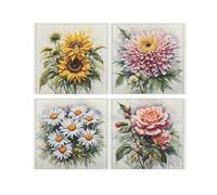 Watercolour Floral Glass Coaster Set - Daisies Sunflowers Roses Flower Gifts for Her - Set of Four (4) Square Drinks Coasters