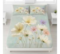 Watercolour Floral Small Double Fitted Sheet, Soft Daisy Flower Bedding Set 30 cm Deep Pocket Microfiber Breathable Bed Sheet for Bedroom Decor 120 x 190 cm