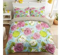 Watercolour Fresh Duvet Cover Sets Double Size 79" x 79" Bedding Set 3 Pcs Soft Microfiber Rose Flowers Green leaves Light blue Fruit Botanical Bedding Quilt Cover with Zipper Pillowcases