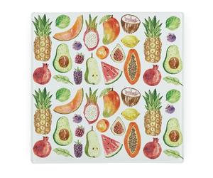 Watercolour Fruits Large Square Glass Worktop Protector - Food Themed Housewarming Gifts - Smooth Board Kitchen Chopping/Cutting Board Worktop Saver with Non-Slip Feet 30cm x 30cm (12" x 12")