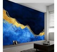 Watercolour Gold Marble Lines Photo Wallpaper, 200x140 cm Non-Woven Premium Fleece Wall Mural, Dark Blue Bedroom Living Room Eco-Friendly Wallpaper Decoration Poster