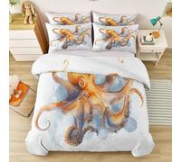 Watercolour Hand-drawn Marine Life Octopus Bedding Sets, Double Soft Microfibre Duvet Cover Set 3 Piece with Pillowcases,For Boys Girls, White Orange Yellow