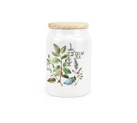 Watercolour Herbs Ceramic Decaf Tea Storage Canister - Country Home Farmhouse Interior Gifts - Kitchen Food Storage Container & Wooden Lid 600ml (14.5cm x 9.5cm)