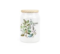 Watercolour Herbs Ceramic Rooibos Tea Storage Canister - Country Home Farmhouse Interior Gifts - Kitchen Food Storage Container & Wooden Lid 600ml (14.5cm x 9.5cm)