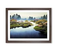 Watercolour Japanese Garden Pond Vol.2 Framed Print | A2 Walnut Framed Wall Art | Ready to Hang | Asian Floral Picture | Living Room Bedroom Lounge Office