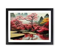 Watercolour Japanese Garden Pond Vol.3 Framed Print | A2 Black Framed Wall Art | Ready to Hang | Asian Floral Picture | Living Room Bedroom Lounge Office