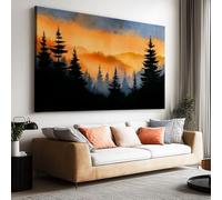 Watercolour Landscape Horizontal Abstract Painting On Canvas Living Bedroom, Large Size Orange and Black Sky with Forest Wall Art Modern Home Decor 160 x 80 cm (L x W) Print Posters Frameless