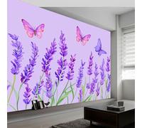 Watercolour Lavender Butterflies Photo Wallpaper, 300x210 cm Non-Woven Premium Fleece Wall Mural, Purple Bedroom Living Room Eco-Friendly Wallpaper Decoration Poster