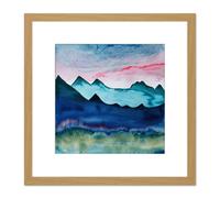 Watercolour Mountain Meadow Pink Sky Modern Ink On Paper Style Square Wooden Framed Wall Art Print Picture 8X8 Inch Artery8 Light Oak One Size