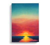 Watercolour Ocean Sunset No.2 Red, Teal, Peach Canvas Print | Gallery Wrapped 30mm Frame Wall Art | 30x20 inches | Ready to Hang | Coastal Seascape Picture | Living Room Bedroom Lounge Office