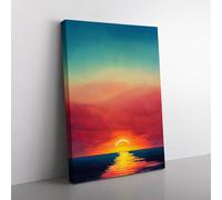 Watercolour Ocean Sunset No.2 Red, Teal, Peach Canvas Wall Art Print Ready to Hang, Framed Picture for Living Room Bedroom Home Office Décor, 76x50 cm (30x20 Inch)