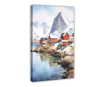 Watercolour of A Stilted House in The Lofoten Islands, Norway Canvas Poster Bedroom Decor Landscape Office Room Decor Gift 24x36inch(60x90cm)