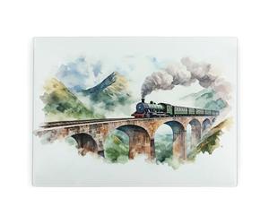 Watercolour Painted Glass Chopping Board - Rectangular Large Steam Train Glass Worktop Protector - Smooth Board Kitchen Cutting Board Worktop Saver with Non-Slip Feet 39cm x 28.5cm (15" x 11")