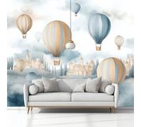 Watercolour Painting Hot Air Balloon Village Non-Woven Wallpaper 400 x 280 cm Bedroom Wall Mural, White Photo Wallpaper Poster Wall Covering, for Children’s Room Home Restaurant Living Room Hallway