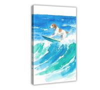 Watercolour Painting of A Dog Surfing on The Sea Canvas Poster Wall Art Print Picture Paintings 20x30inch(50x75cm)