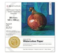 Watercolour Paper Pad (Glued Block) A5+ Square (20 × 20 cm) - ZenART 100% Cotton, Cold Pressed Watercolour 300gsm, Archival, Vegan Sized for Vibrant Colours, 20 Sheets for Water Colour & Wet Media
