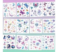 Watercolour Pastel Glitter Tattoos For Festival Art - 12 Fantasy Design Sheets Featuring Butterflies, Unicorns, Mermaids, Stars, Hearts, Moons & Celestial Elements For DIY Decoration
