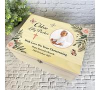 Watercolour Peach Round Photo Christening Personalised Wooden Keepsake Box - Custom Wood Memory Keepsake Storage Gift Box - Christening Wooden Keepsake Boxes - Quality Keepsake Wood Box With Lid