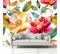 Watercolour Peony Magnolia Leaves Non-Woven Wallpaper 400 x 280 cm Bedroom Wall Mural, White Photo Wallpaper Poster Wall Covering, for Children’s Room Home Restaurant Living Room Hallway