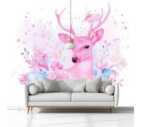 Watercolour Pink Deer Flowers Non-Woven Wallpaper 400 x 280 cm Bedroom Wall Mural, White Photo Wallpaper Poster Wall Covering, for Children’s Room Home Restaurant Living Room Hallway