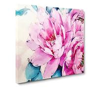 Watercolour Pink Peonies in Abstract Modern Canvas Wall Art Print Ready to Hang, Framed Picture for Living Room Bedroom Home Office Décor, 14x14 Inch (35x35 cm)
