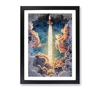 Watercolour Spaceship Rocket Framed Wall Art Print A2 Black