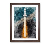 Watercolour Spaceship Rocket No.2 Framed Print | A3 Walnut Framed Wall Art | Ready to Hang | Modern Historical Picture | Living Room Bedroom Lounge Office