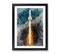 Watercolour Spaceship Rocket No.2 Framed Print | A4 Black Framed Wall Art | Ready to Hang | Modern Historical Picture | Living Room Bedroom Lounge Office