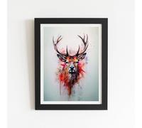 Watercolour Splashart Stag Face Framed Art Print Warren Reed - Designer Black W16 inch x H24 inch