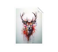 Watercolour Splashart Stag Face Unframed Art Print Warren Reed - Designer Multi W16 inch x H24 inch