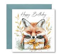 Watercolour Style Fox Happy Birthday Greetings Card - Inside reads: Have an Amazing day - Includes Deep Teal Coloured Envelope - Made in the UK
