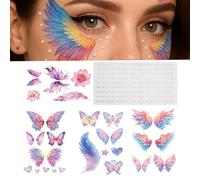 Watercolour Temporary Face Tattoos with Angel Wings, Butterflies, Pearls - Pastel Rainbow Floral, Feather, Heart Designs for Festival, Party, Creative Makeup Art & Costume Cosplay