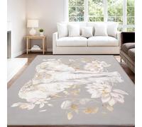 Watercolour Tranquil Artistic Noble Elegant Area rug 80 x 150 cm, Gray White Flowers Elephant Short Pile Indoor Carpet for Modern Bedroom, Non Slip Washable Carpet