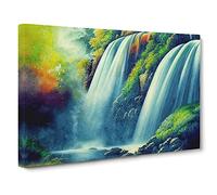 Watercolour Waterfall Canvas Print | Gallery Wrapped 30mm Frame Wall Art | 30x20 inches | Ready to Hang | Contemporary Landscape Picture | Living Room Bedroom Lounge Office