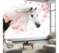 Watercolour White Horse Cherry Blossoms Wallpaper Bedroom Kids Boys 3D Wallpaper Mural, White Kids Teens Room Poster Photo Wall Mural Themed Room Playroom 350 x 256 cm