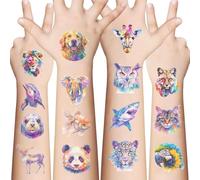 Watercolour Wildlife Temporary Tattoos 10 Sheets - Vibrant Artistic Waterproof Stickers for Festivals, Parties, Creative Fun, Teens and Adults, Colourful Animal Designs, Lion, Panda, Dolphin,