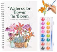 Watercolour Workbook for Adults - 9X 11 Inch Large Watercolour Painting Book with 15 Pre-Outlined Floral Designs, 16 Colours & Step-by-Step Guide,Easy Watercolor Art Book for Beginner