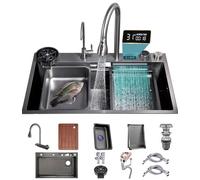 Waterfall 304 Stainless Steel Nano Coated Workstation Sink With Digital Display - Fly Rain Pull-Out Faucet - Size: 80x45x22cm
