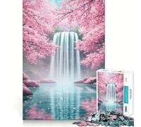 Waterfall And Cherry Blossoms Landscape Jigsaw 1000 Pieces Focus Building Toy Zero Gap Rewarding Activity for Rainy Days (38x26cm)