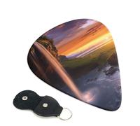 Waterfall at Sunset Guitar Picks 6 Pack with Leather Guitar Pick Holder Keychain, Plectrum Key Fob Cases Bag, Abstract Art Plectrum for Acoustic Electric Guitar, Ukulele 0.96mm