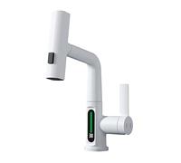 Waterfall Basin Faucet with Digital Temperature Display - Pull Down Hot & Cold Water Sink Mixer Tap, White h, Modern Kitchen Bath Fixture