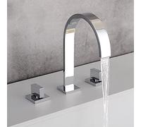 Waterfall Basin Taps, Double Handle 3 Hole Basin Mixer Tap, Brass Waterfall Taps for Bathroom Sink,Chrome