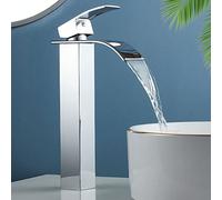 Waterfall Bathroom Basin Mixer Tap, High Rise Bathroom Sink Tap, Chrome | Tall Faucet for Washroom Counter-top Basin, Modern and Square Design, Hot and Cold Tap with Flexible Hoses, Stainless Steel