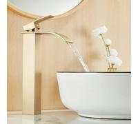 Waterfall Bathroom Basin Mixer Tap, Tall Bathroom Sink Tap, Brushed Gold | High Rise Faucet for Counter Top Basin, Single Lever, Modern Square Design, Hot & Cold Mixer, Flexible Tail, Stainless Steel