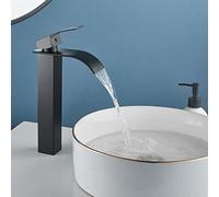 Waterfall Bathroom Basin Mixer Tap, Tall Bathroom Sink Taps, Matte Black | High Rise Faucet for Counter Top Basin, Single Lever, Modern Square Design, Hot & Cold Mixer, Flexible Tail, Stainless Steel