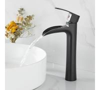 Waterfall Bathroom Basin Mixer Tap, Tall Bathroom Tap for Counter Top Basin | High Rise Bathroom Sink Tap, Monobloc Hot & Cold Faucet, Retro Style Mixer with Flexible Tails, Solid Brass, Matte Black