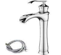Waterfall Bathroom Basin Mixer Tap, Tall Sink Tap for Counter-top Basin | High Rise Bathroom Mixer Taps, Retro Style, Wide Waterfall Spout, Single Lever, Durable Brass, Flexible Hoses, Chrome