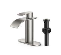 Waterfall Bathroom Faucet 1 Hole, Brushed Nickel Single Handle Bathroom Sink Faucets for 1 or 3 Hole with Deck Plate, Pop up Drain, cUPC Hoses for Vanity, Basin, Rv, Lavatory Sink
