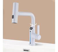 Waterfall Bathroom Faucet with Pull Out Sprayer, 3 Modes Digital Temperature Display Sink Faucet, Vanity 360° Swivel Spout(Chrome)(Chrome) (White)